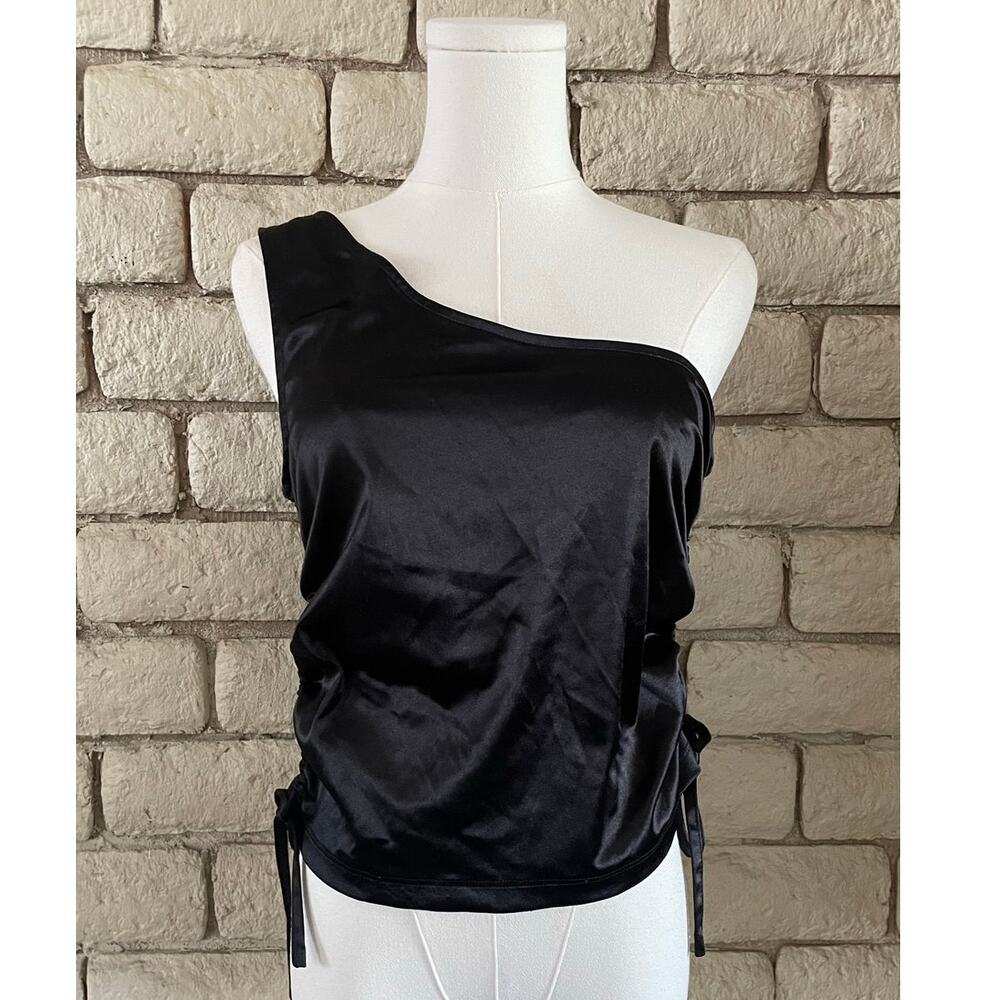 Forever‎ 21 Black Satin One-Shoulder Top with Side Ties Size L